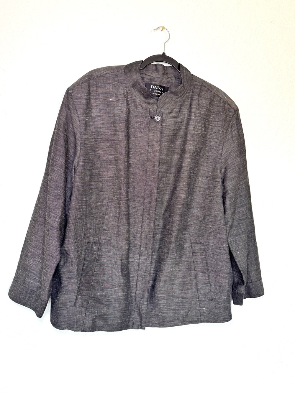 Dana Buchman Shacket 16 Silk Linen Blend Gray Mandarin Collar Lagenlook Chic Vtg